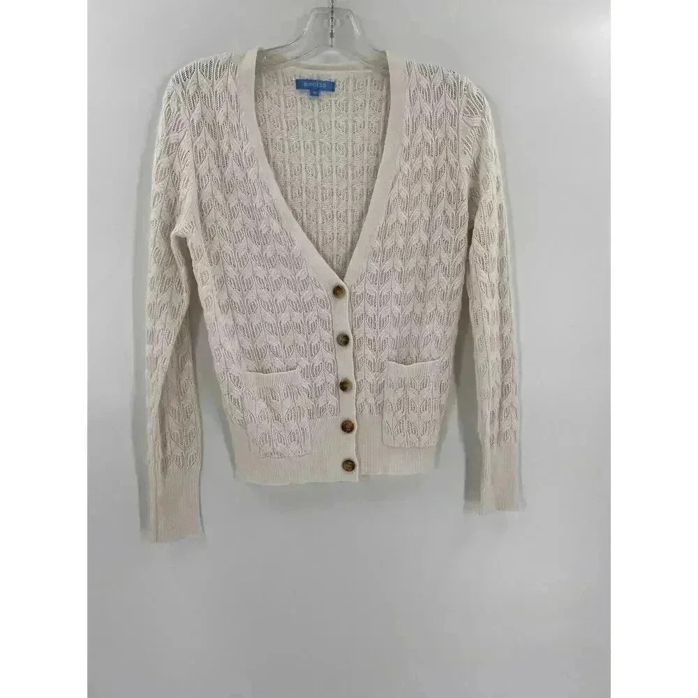 Burgess Cotton Cashmere Ivory Crochet Cardigan Sweater With Pockets Size XSMALL